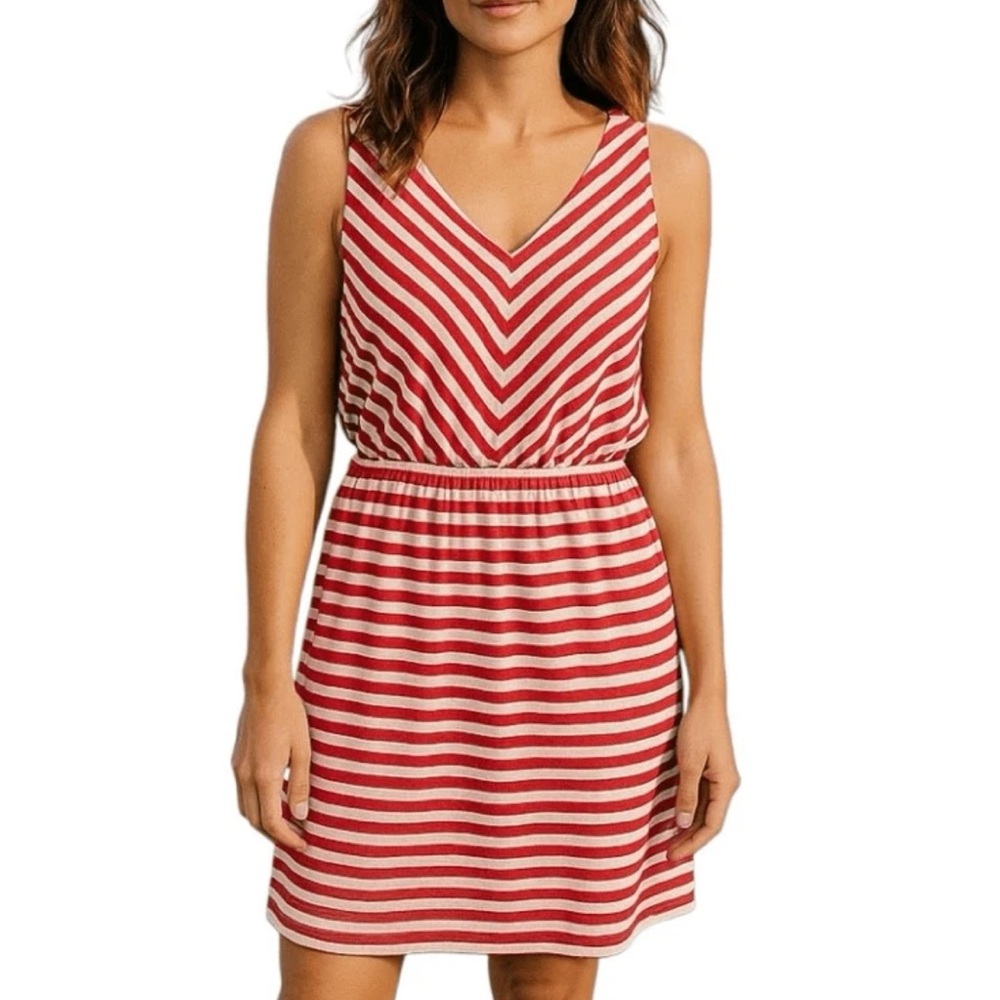 Loft Chevron Striped Dress Maroon Cream Knit V-Neck Sleeveless, size 0